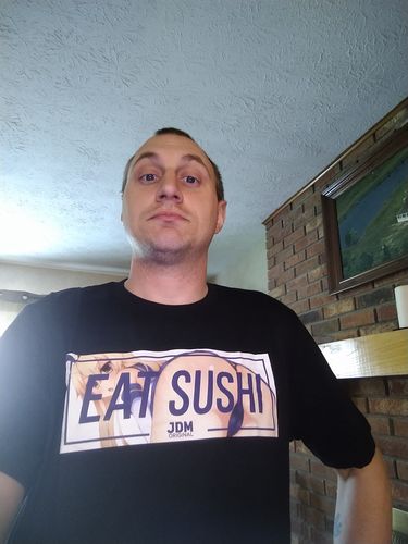 Customer photo review of Eat Sushi Anime T-Shirt (Black/White)