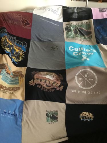 T-shirt quilt with travel, hawaii themes by Lori from CA