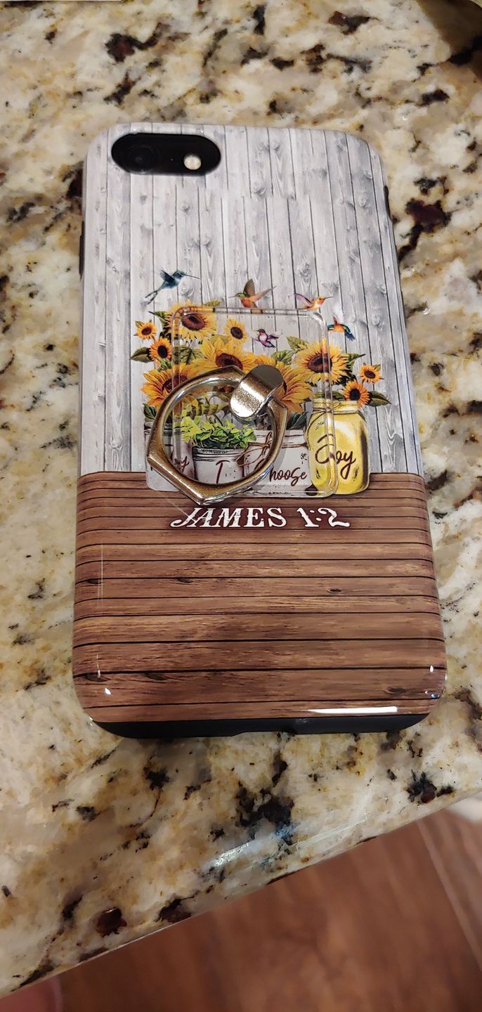 Customer photo review of Christian phone cases: Today I choose Joy James 1:2, Sunflower Hummingbird phone case