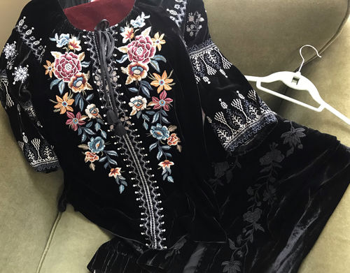 Customer photo review of Johnny Was Eleni Velvet Embroidered Peasant Blouse Boho Chic J12919 NEW