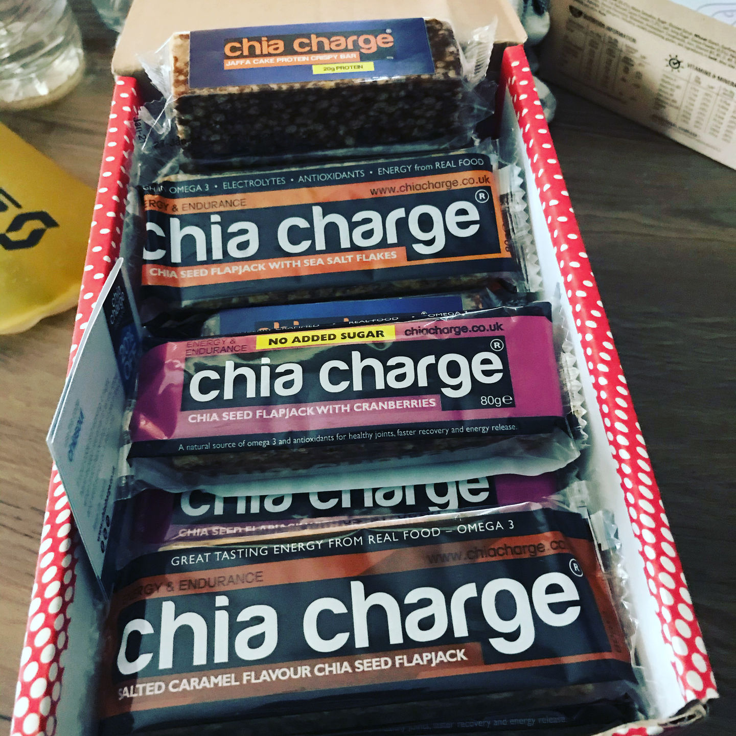Customer photo review of Chia Seed Energy Flapjacks 80g 23 bars in a box   Salted Caramel, Banana, Berry No Added Sugar, Original Sea Salt