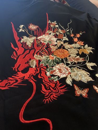 Customer photo review of Dragon in Flowers Embroidery T-shirt