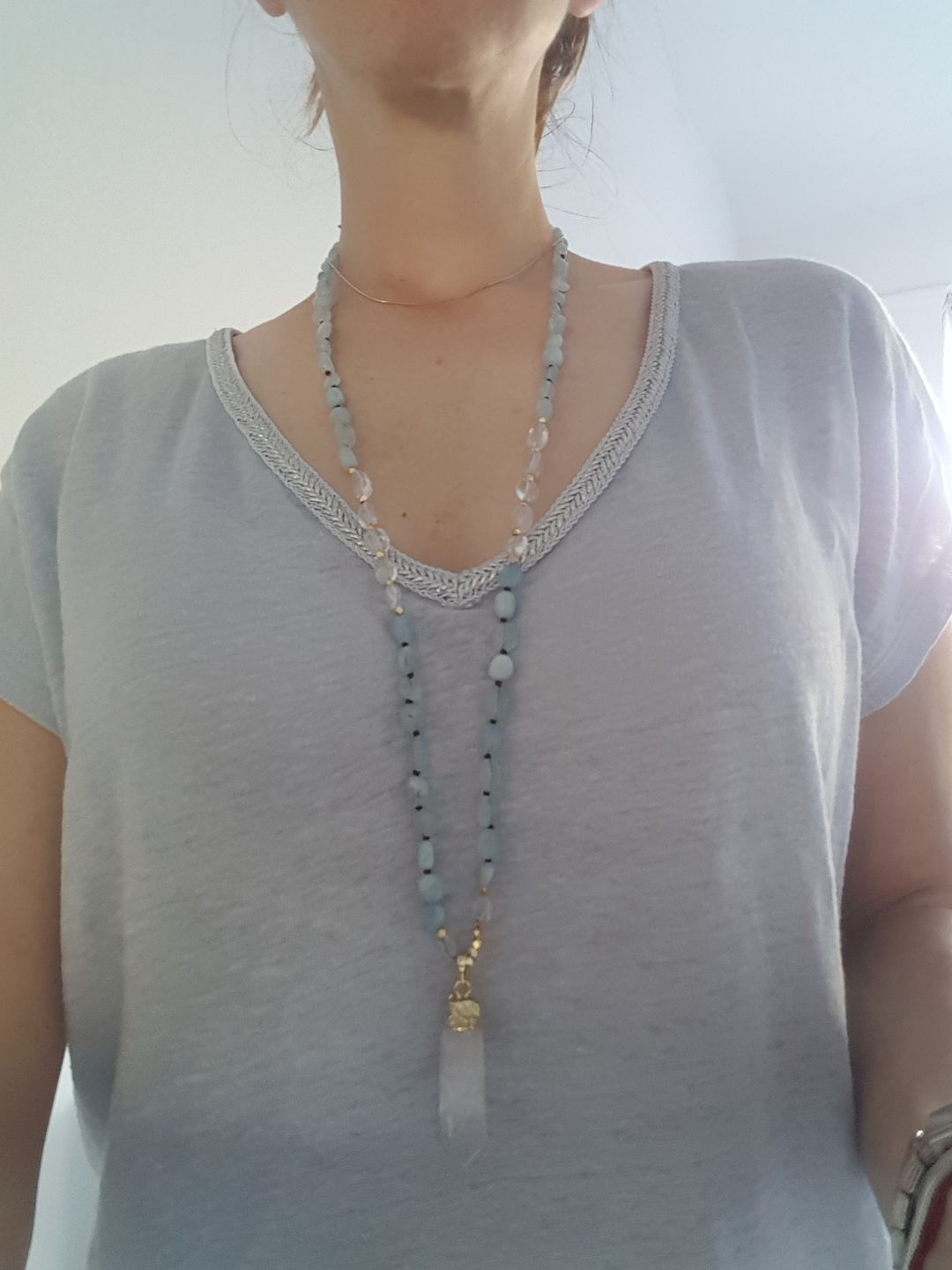 Customer photo review of Natural Aquamarine & Clear Quartz Gemstone Necklace