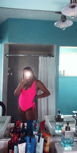 Customer photo review of Ruched Cross Back One Piece Swimsuit - Neon Pink