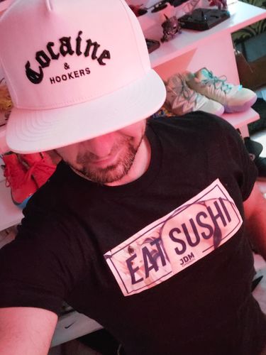 Customer photo review of Eat Sushi Anime T-Shirt (Black/White)
