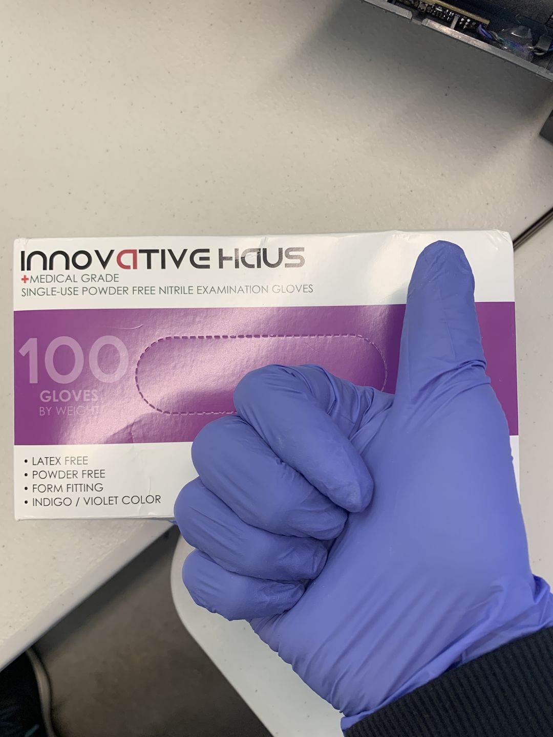 Customer photo review of Innovative Haus™ Nitrile Gloves |  Powder Free | Latex Free | Indigo Color | Box of 100