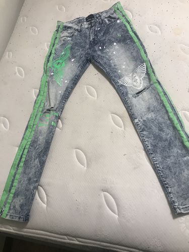 Customer photo review of Neon Stripe Print Skinny Fit Track Denim Blue Wash - Green (M4701D)