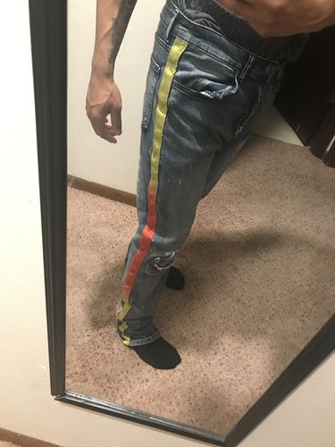 Customer photo review of Dip Dye Skinny Fit Track Denim Bleach Splatter - Orange (M4818D)