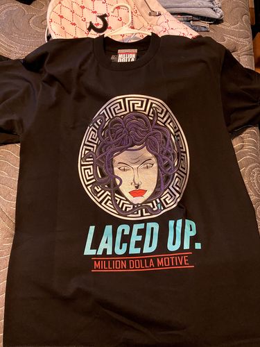 Customer photo review of Laced Up Top 3- Purple/New Emerald/Red/Silver on Black T-Shirt