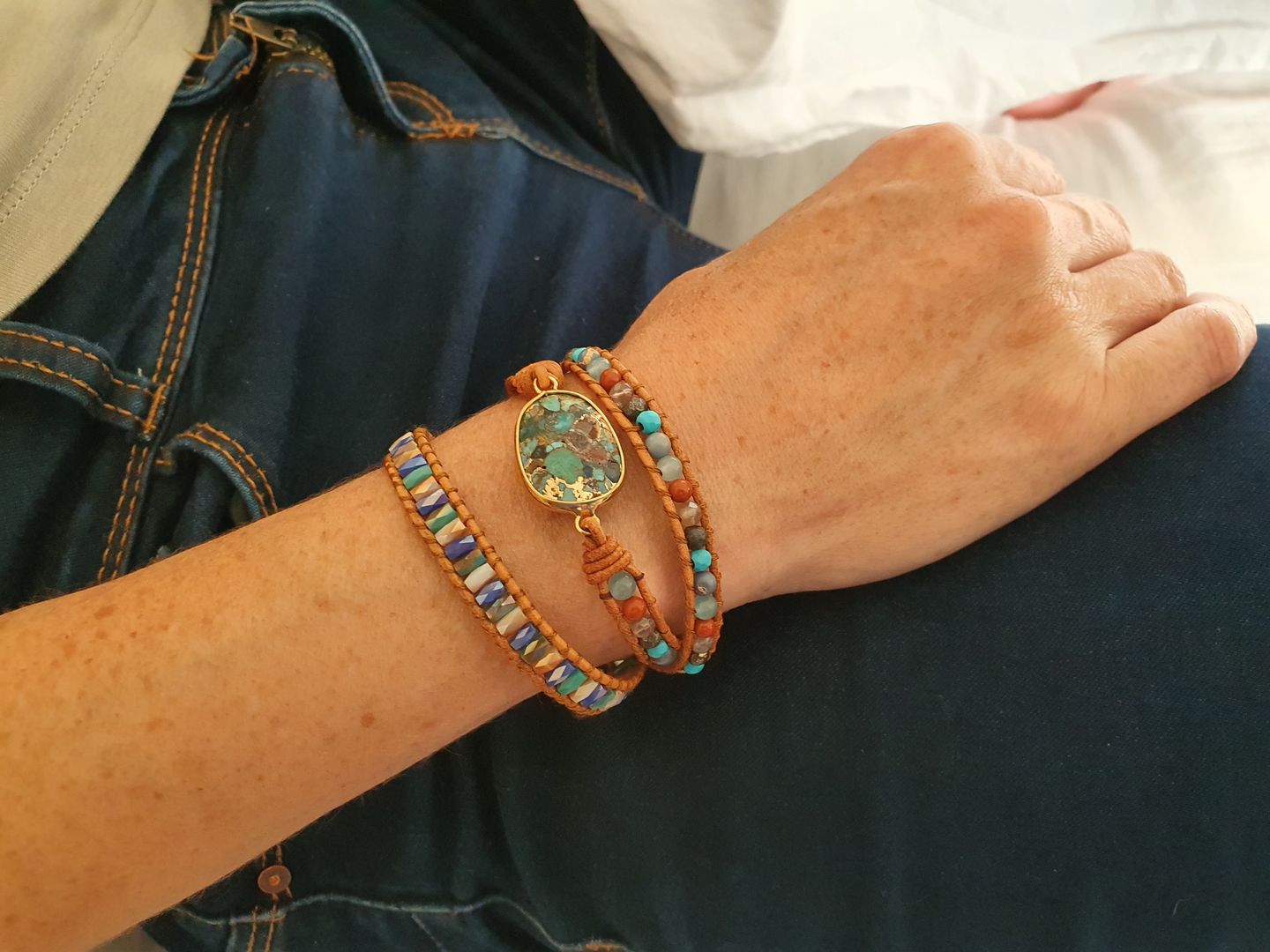 Customer photo review of Natural Turquoise & Jasper Wrap Bracelet