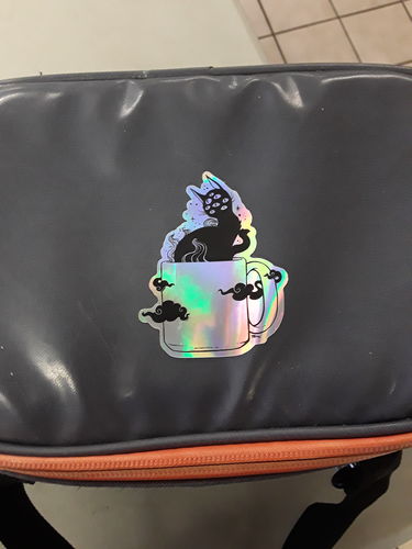 Customer photo review of Black Cat In Coffee Cup, Holographic Sticker