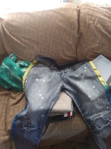 Customer photo review of Dip Dye Skinny Fit Track Denim Bleach Splatter - Blue (M4818D)