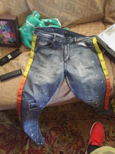 Customer photo review of Dip Dye Skinny Fit Track Denim Bleach Splatter - Orange (M4818D)