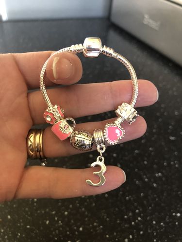 Customer photo review of Childrens Pink 'Happy 3rd Birthday' Silver Plated Charm Bead Bracelet