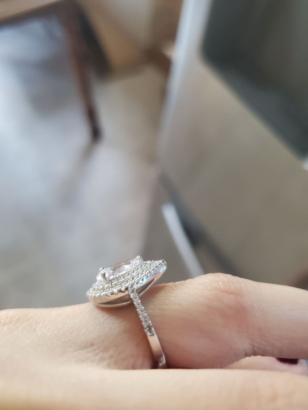 Customer photo review of Louily Double Halo Pear Cut Engagement Ring In Sterling Silver