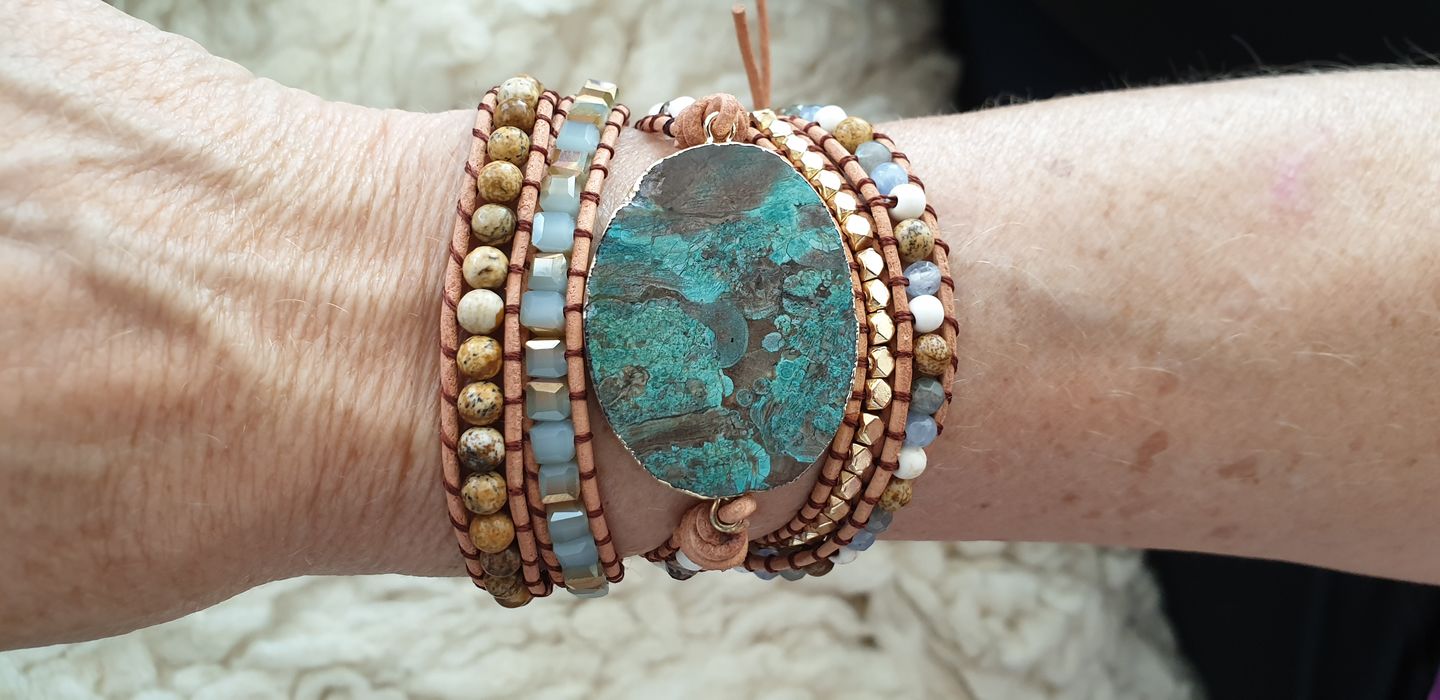 Customer photo review of Handmade Natural Ocean Jasper Leather Wrap Bracelet