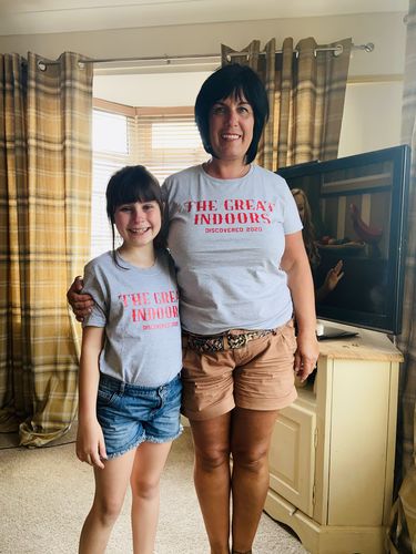Customer photo review of Great Indoors 2020 Adult & Kid Heather Grey Matching T-Shirts (MRK X)