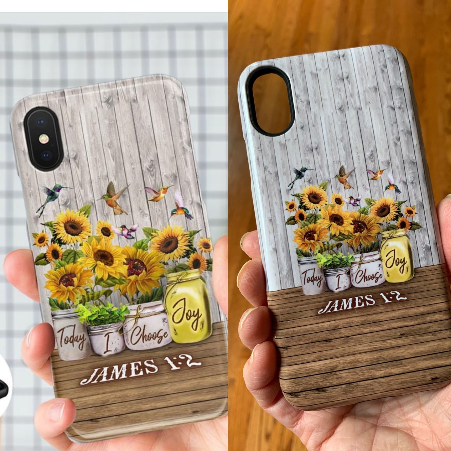 Customer photo review of Christian phone cases: Today I choose Joy James 1:2, Sunflower Hummingbird phone case