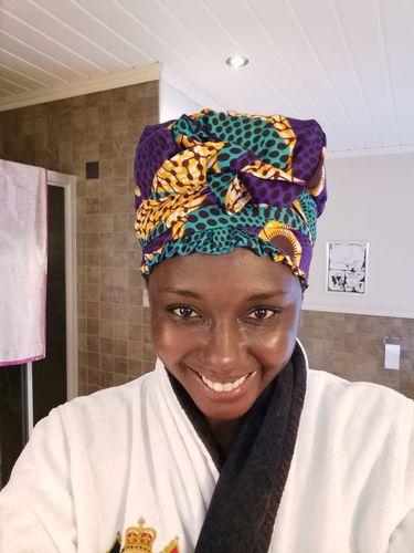 Customer photo review of African Print Head Wrap With Satin-Lined(Enchanted Lady) -AW1984