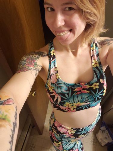 Customer photo review of T-Back Net Insert Gym to Swim Sports Bra - Black Floral