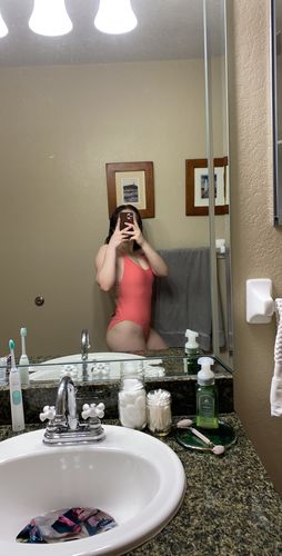 Customer photo review of Cross Back V-Neck One Piece Swimsuit - Coral