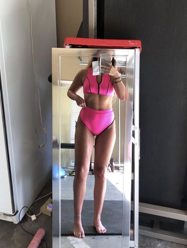 Customer photo review of Zip-Up Racer Back Surfer Bikini Top - Neon Pink
