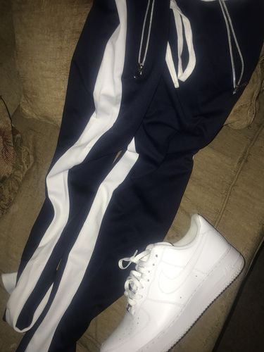 Customer photo review of Zip Pocket Dual Stripe Track Pants Navy - White (M4386PS)