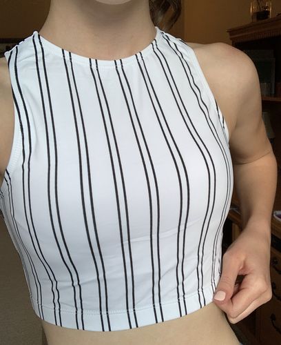 Customer photo review of Hello Bombshell Top | White & Black Stripes | Final Sale
