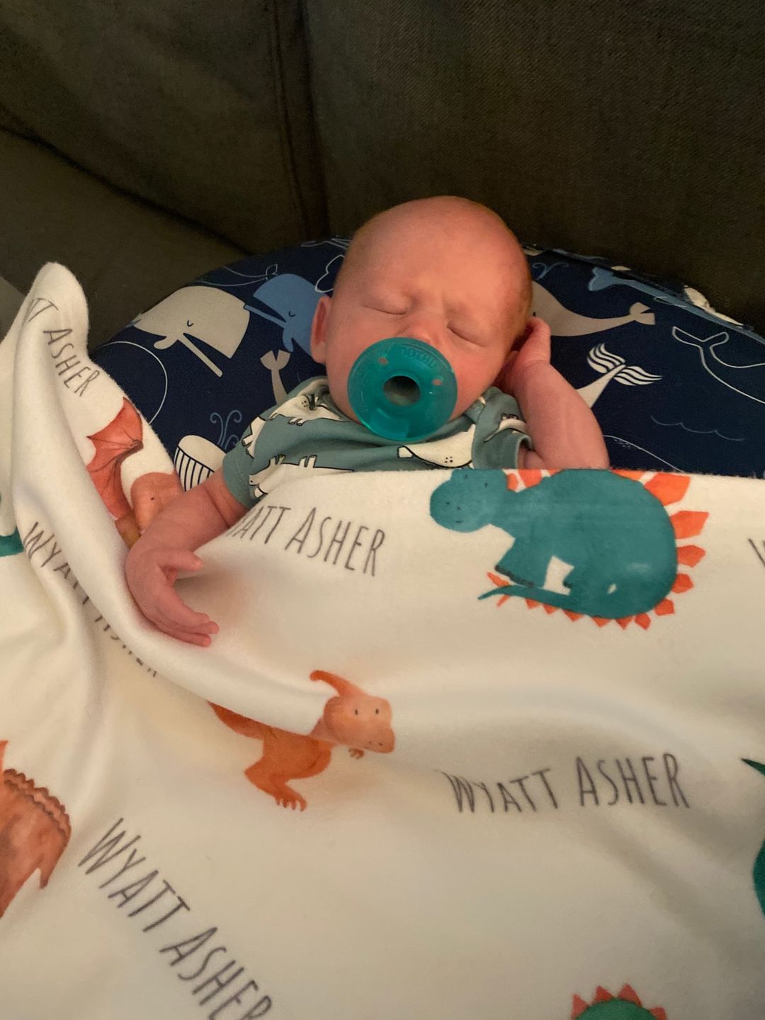 Customer photo review of Personalized Dinosaur Watercolor Print Baby Name Blanket