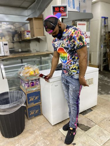 Customer photo review of Dip Dye Skinny Fit Track Denim Bleach Splatter - Purple (M4818D)