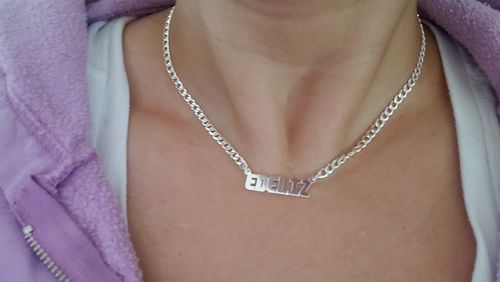 Customer photo review of Block Mini Name Necklace with Cuban Chain