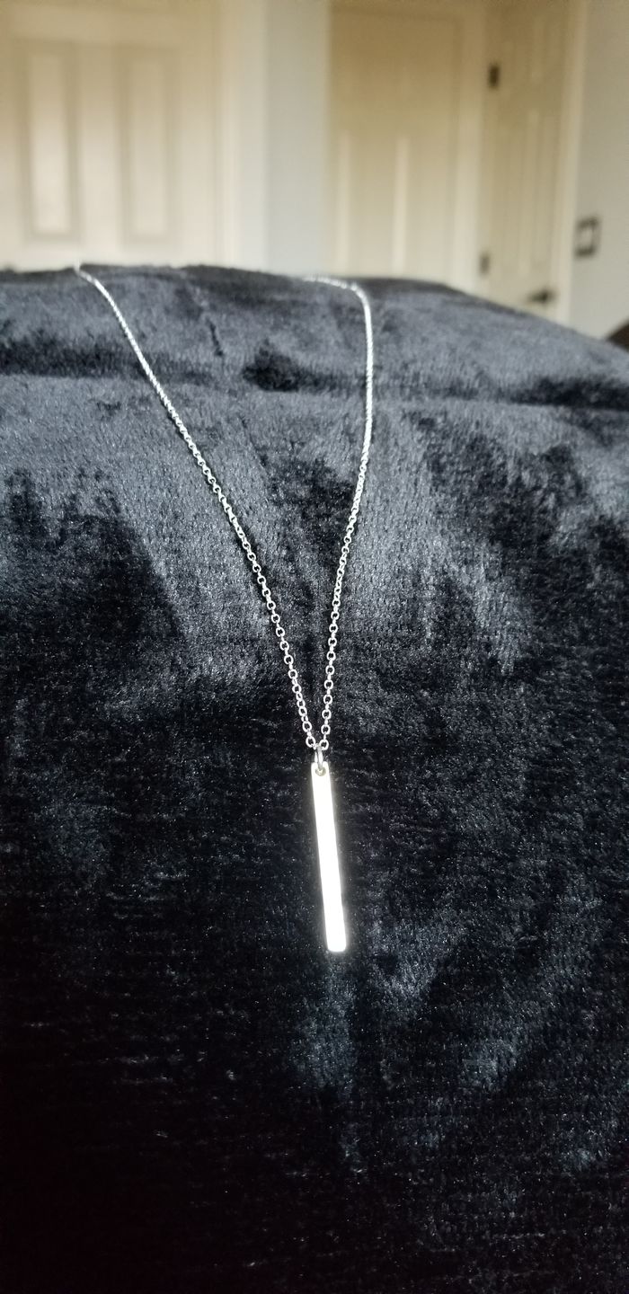 Customer photo review of Dainty Engraved 3D Bar Necklace