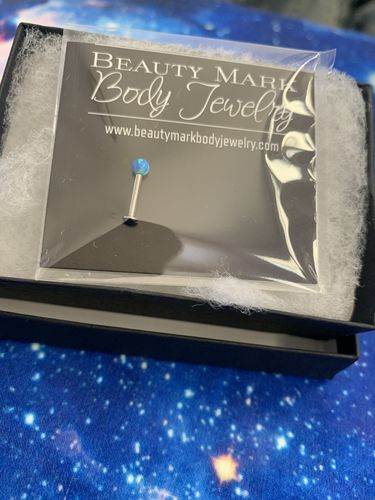 Customer photo review of Opal Ball Top Internally Threaded Lip Ring 16g