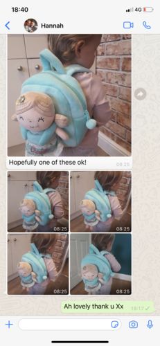 Customer photo review of Personalized Leyadoll Doll Backpack (Green)