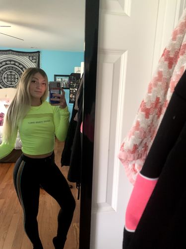 Customer photo review of 'Good Vibes Only' Soft Mesh Cut-Out Active Long Sleeve - Neon Green