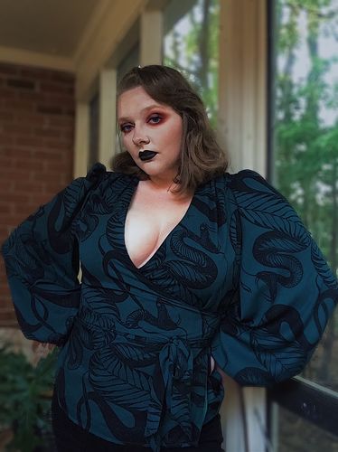 Customer photo review of Georgette Wrap Blouse in Serpentine Print by Natalie Hall