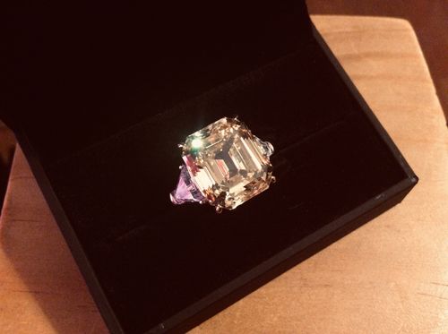 Customer photo review of Louily Sterling Silver Asscher & Trillion Cut Pink Sapphire Three Stone Engagement Ring