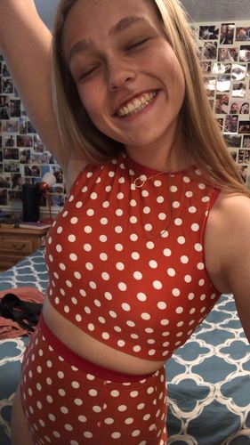 Customer photo review of Hello Bombshell Top | Rust & White Polka Dots|