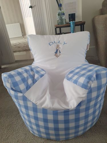 Customer photo review of Personalised Blue Gingham Peter Rabbit Bean Bag Chair
