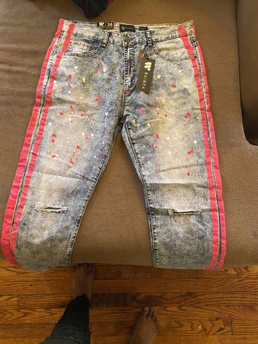 Customer photo review of Neon Stripe Print Skinny Fit Track Denim Blue Wash - Pink (M4701DB)
