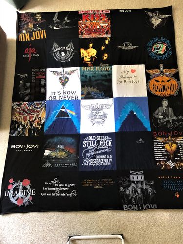 T-shirt quilt with music, rock themes by Kathryn from MI
