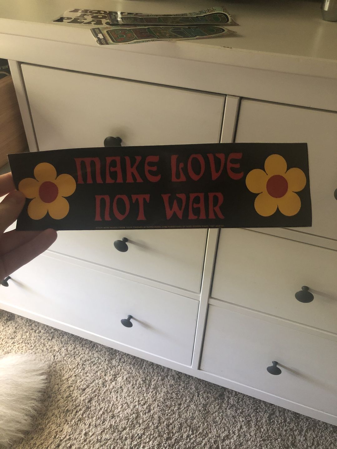 Customer photo review of Make Love Not War Bumper Sticker