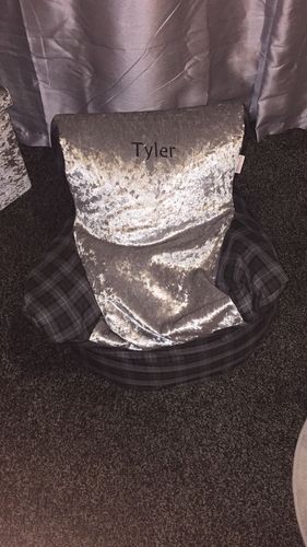 Customer photo review of Personalised Silver Crushed Velvet And Grey Tartan Bean Bag Chair