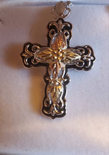 Customer photo review of Sterling Silver Black Hills Gold Intricate Cross Pendant & Necklace