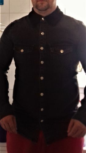 Customer photo review of Black Denim Shirt With Borg Collar