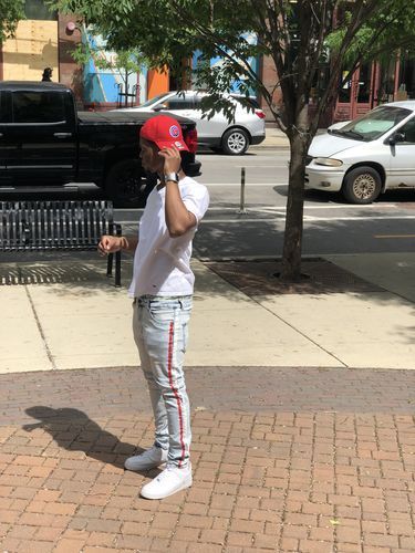 Customer photo review of Cracked Side Stripe Skinny Fit Track Denim Snow - Red (M4839D)