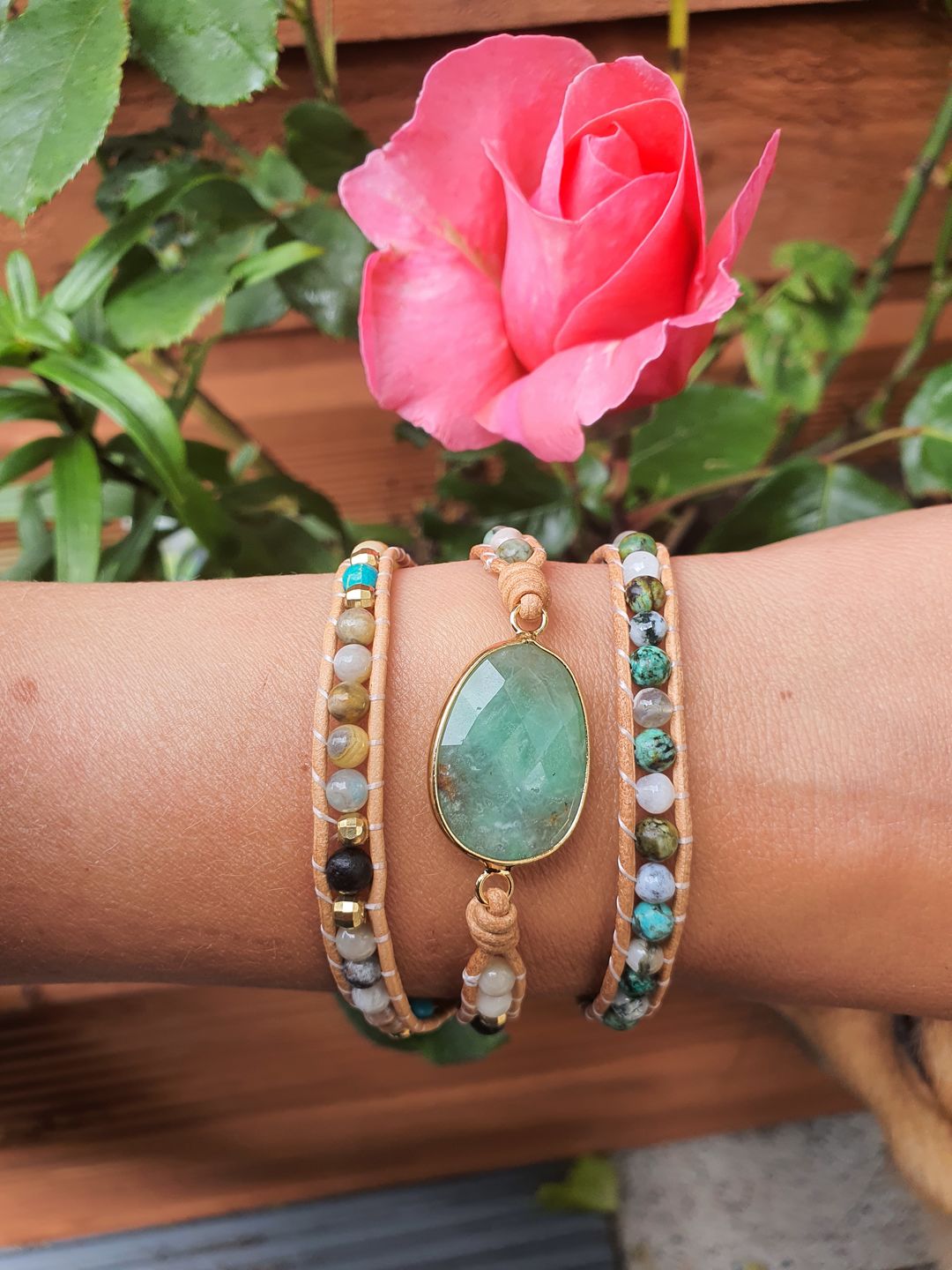 Customer photo review of Natural Green Jade Jasper and Moss Agate Wrap Bracelet
