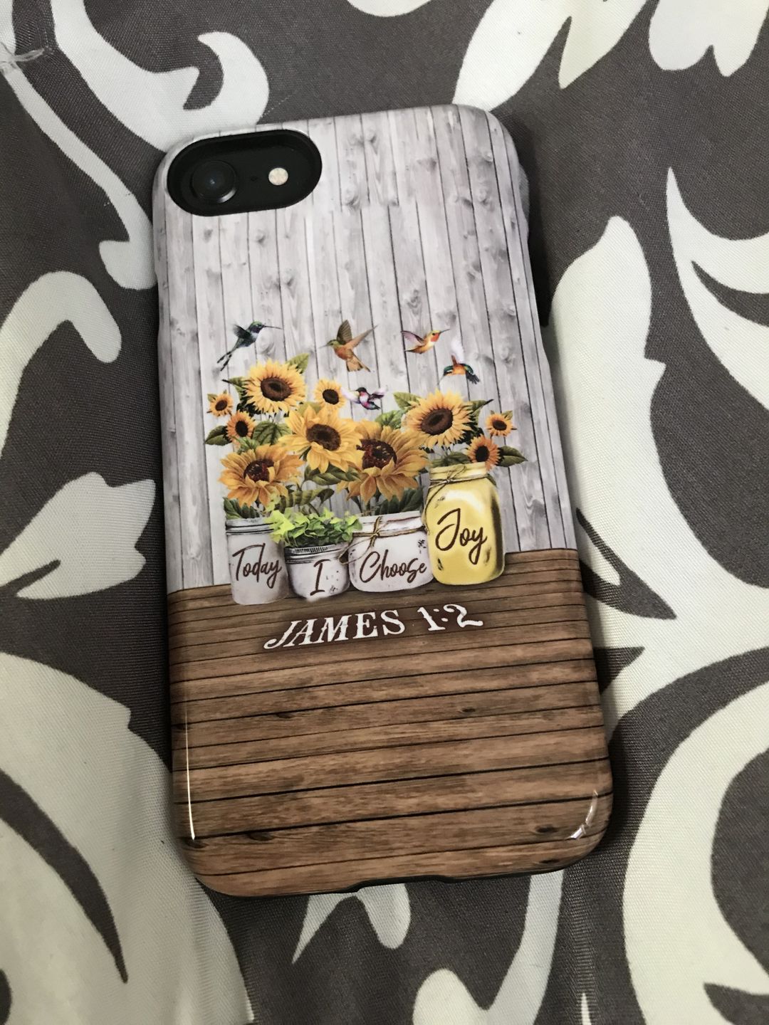 Customer photo review of Christian phone cases: Today I choose Joy James 1:2, Sunflower Hummingbird phone case