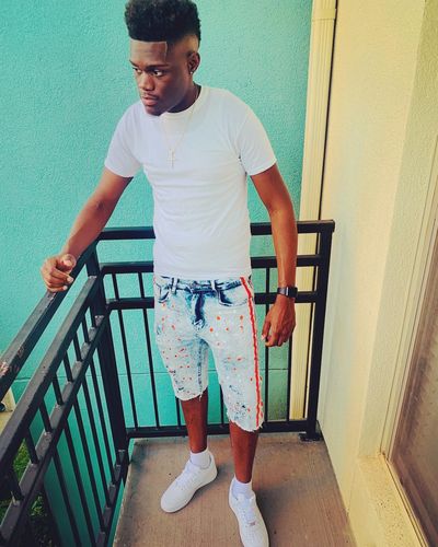Customer photo review of Paint Splatter Denim Track Shorts Snow - Orange (M7166DA)