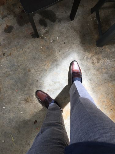 Customer photo review of Penny Moccasins - Dark Brown Handsewn Leather (Handpainted Patina)